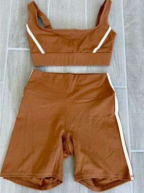 Brown Athletic Bike Short Set with White Trim